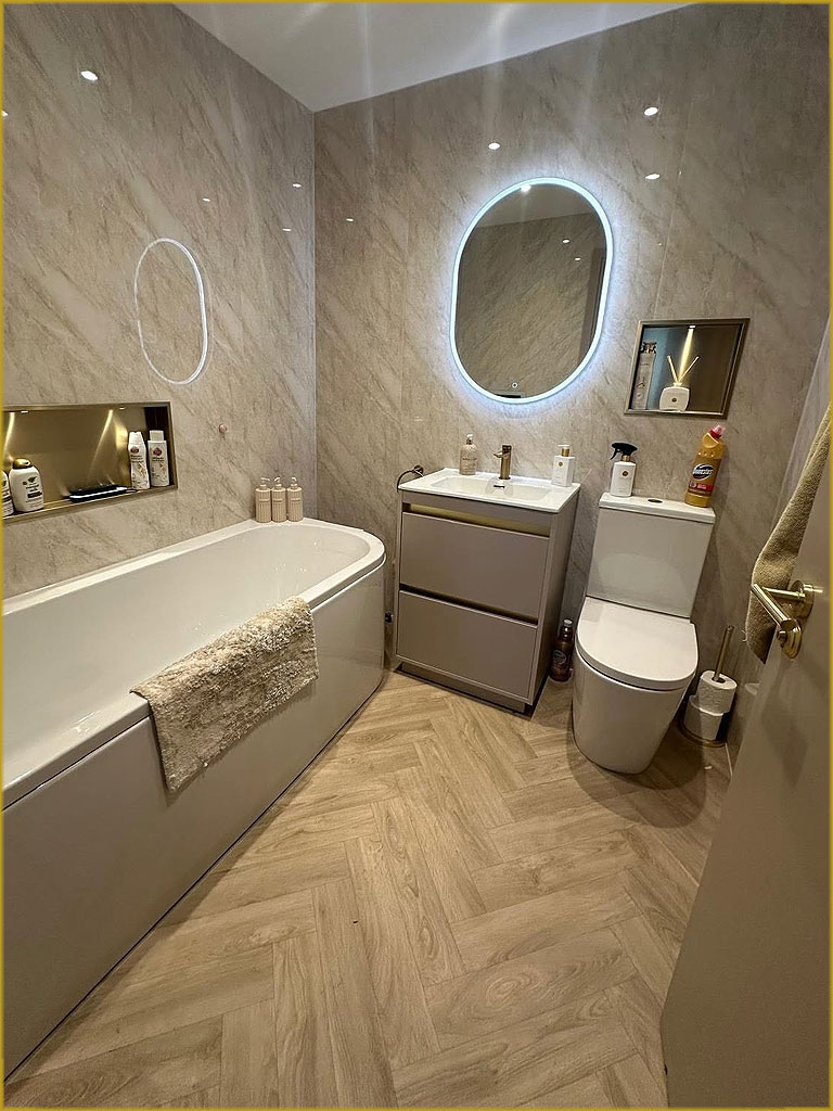 Professional bathhroom flooring installation featuring LVT flooring in Surrey home