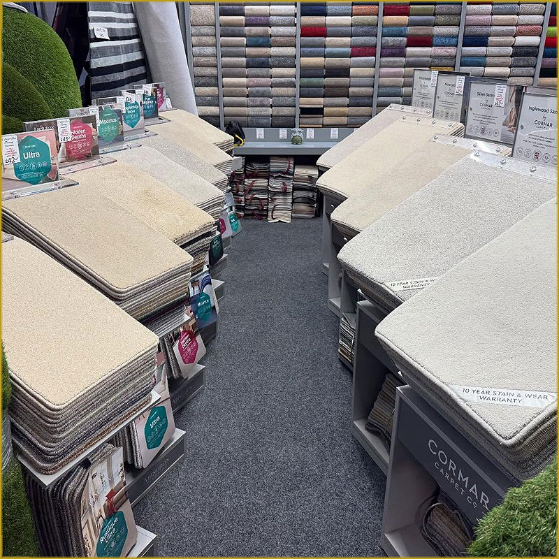 A Better Class Flooring showroom in Epsom Surrey displaying carpet and flooring samples